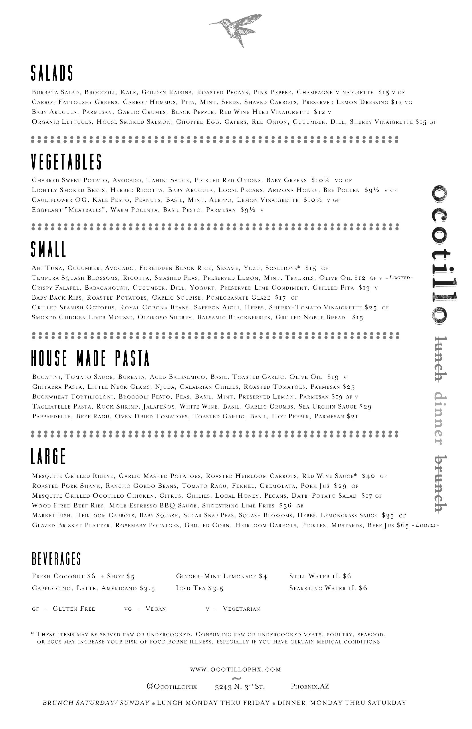 Menus Ocotillo